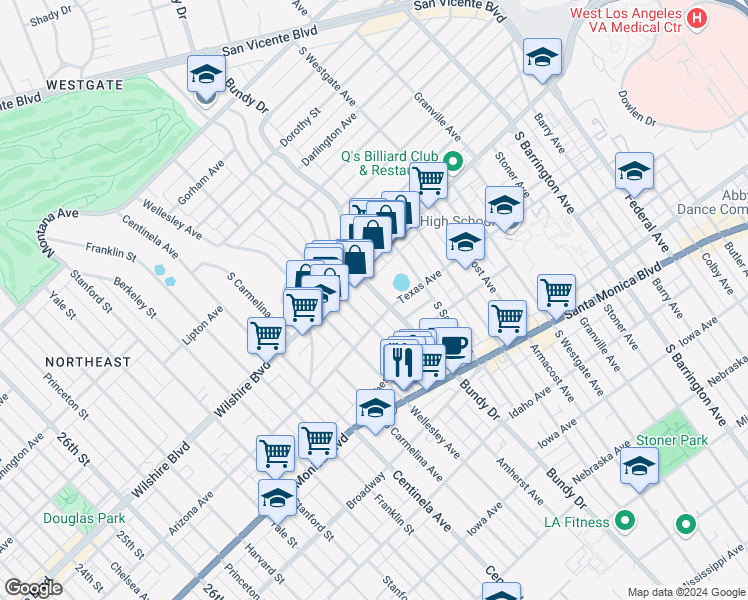 map of restaurants, bars, coffee shops, grocery stores, and more near 1250 Amherst Avenue in Los Angeles