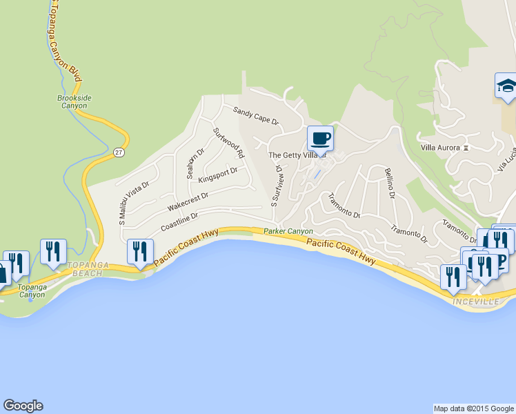 map of restaurants, bars, coffee shops, grocery stores, and more near 18050 Coastline Drive in Malibu