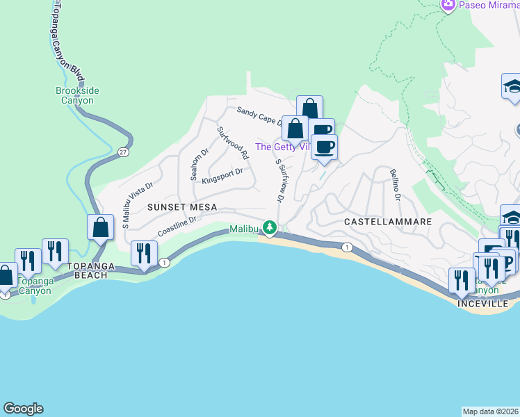 map of restaurants, bars, coffee shops, grocery stores, and more near 18050 Coastline Drive in Malibu
