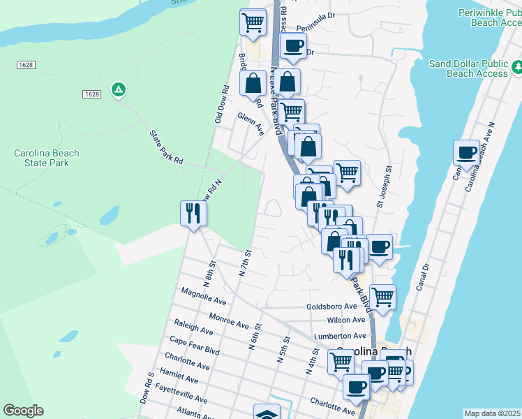 map of restaurants, bars, coffee shops, grocery stores, and more near 526 7th Street in Carolina Beach