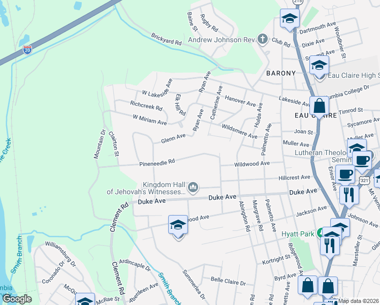 map of restaurants, bars, coffee shops, grocery stores, and more near 344 Pineneedle Road in Columbia