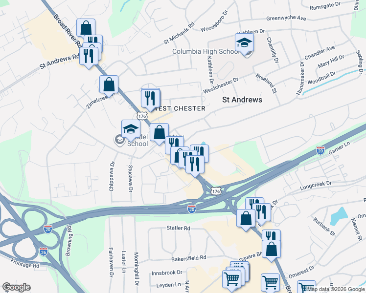 map of restaurants, bars, coffee shops, grocery stores, and more near 2426 Broad River Road in Columbia