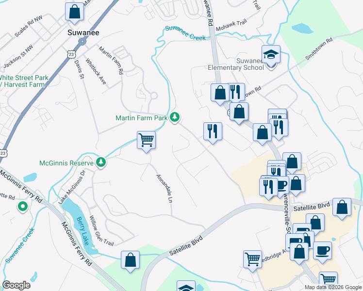 map of restaurants, bars, coffee shops, grocery stores, and more near 3650 Rosehaven Way in Suwanee