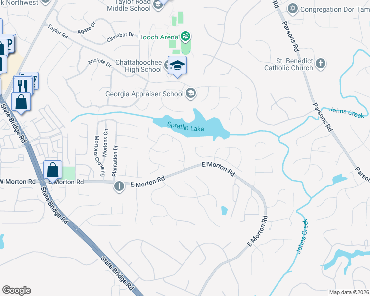 map of restaurants, bars, coffee shops, grocery stores, and more near 10805 Donamere Drive in Alpharetta