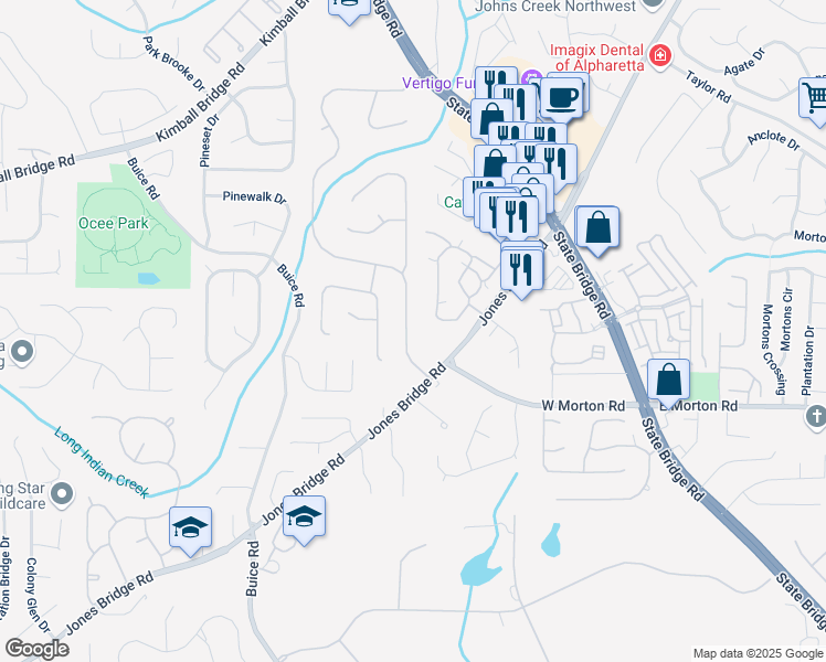 map of restaurants, bars, coffee shops, grocery stores, and more near 10725 Indian Village Drive in Alpharetta