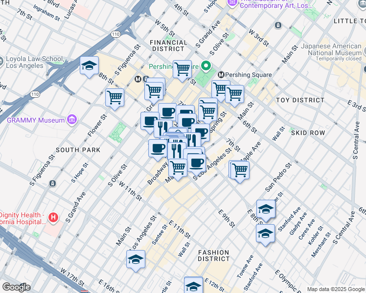 map of restaurants, bars, coffee shops, grocery stores, and more near 850 South Broadway in Los Angeles