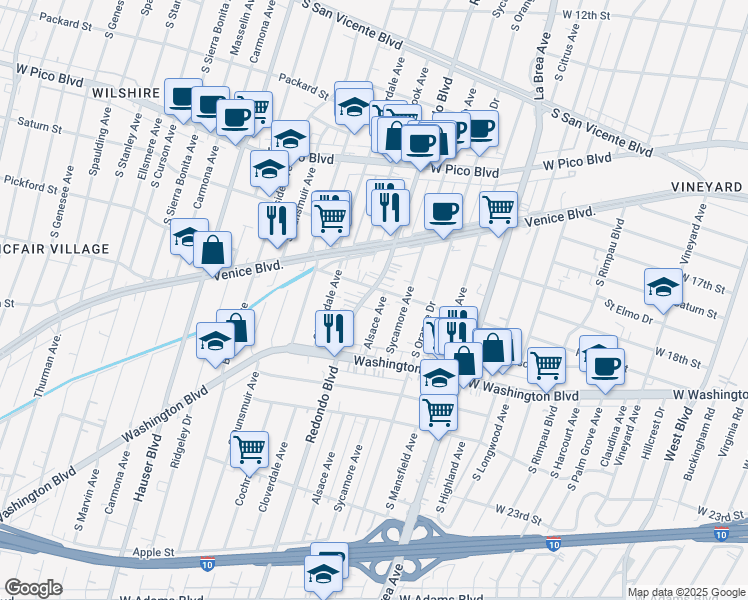 map of restaurants, bars, coffee shops, grocery stores, and more near 18121/2 Redondo Boulevard in Los Angeles
