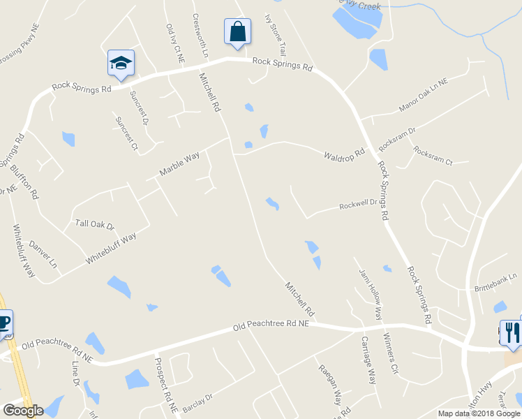 map of restaurants, bars, coffee shops, grocery stores, and more near 2385 Mitchell Road in Lawrenceville