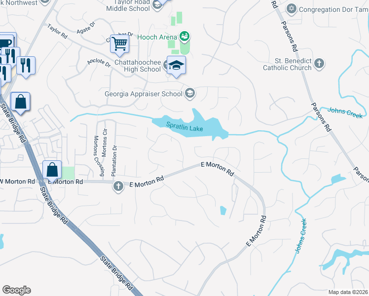 map of restaurants, bars, coffee shops, grocery stores, and more near 10805 Donamere Drive in Alpharetta