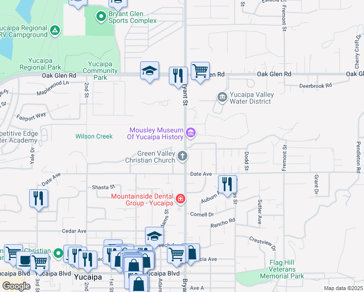 map of restaurants, bars, coffee shops, grocery stores, and more near 11570 Bryant Street in Yucaipa