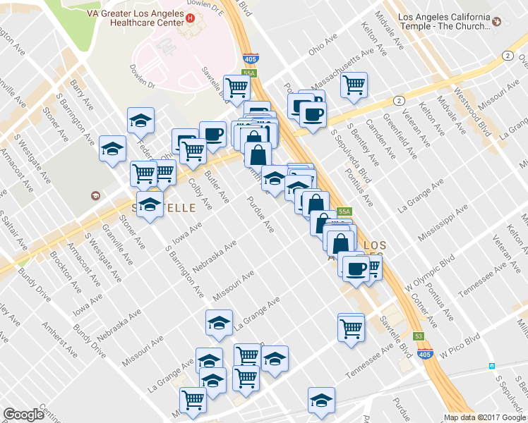 map of restaurants, bars, coffee shops, grocery stores, and more near 1750 Purdue Avenue in Los Angeles