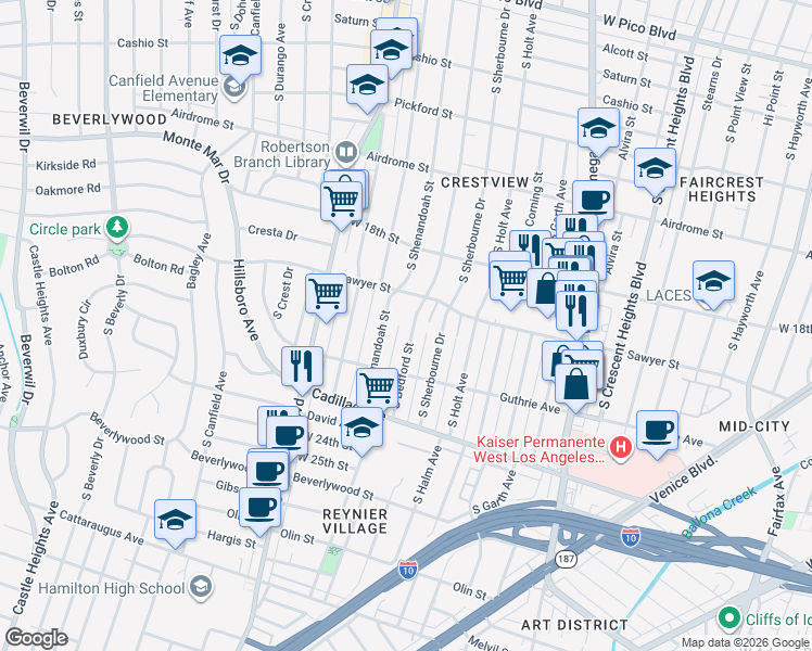 map of restaurants, bars, coffee shops, grocery stores, and more near 1921 South Bedford Street in Los Angeles