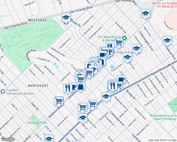 map of restaurants, bars, coffee shops, grocery stores, and more near 1177 Wellesley Avenue in Los Angeles