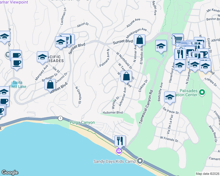 map of restaurants, bars, coffee shops, grocery stores, and more near 545 Muskingum Place in Los Angeles