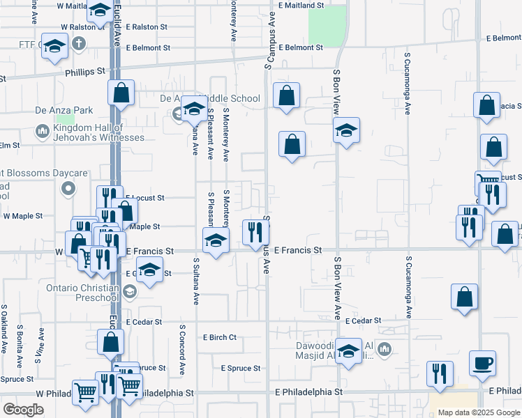map of restaurants, bars, coffee shops, grocery stores, and more near 1716 South Campus Avenue in Ontario