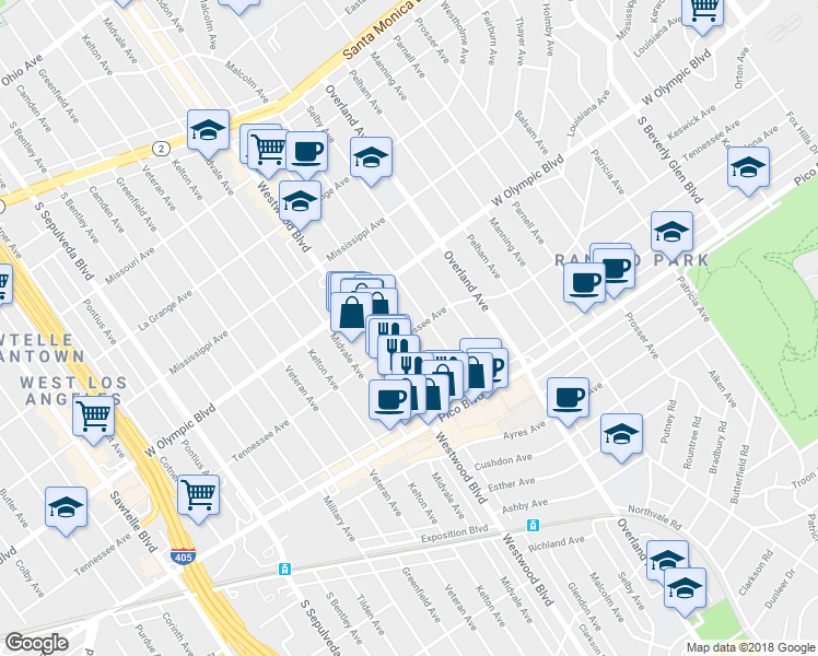 map of restaurants, bars, coffee shops, grocery stores, and more near 2254 Glendon Avenue in Los Angeles