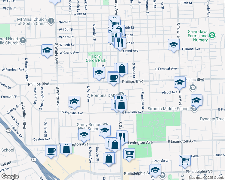 map of restaurants, bars, coffee shops, grocery stores, and more near 1590 South Garey Avenue in Pomona