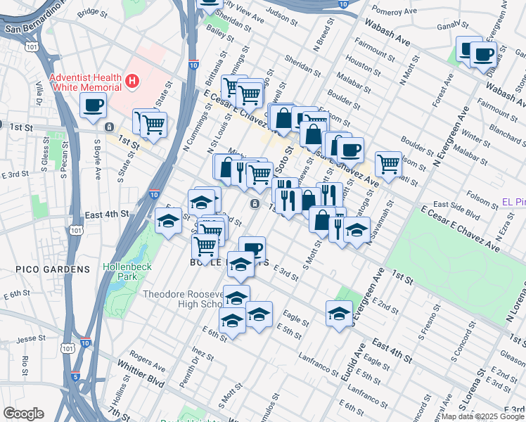 map of restaurants, bars, coffee shops, grocery stores, and more near 110 South Soto Street in Los Angeles