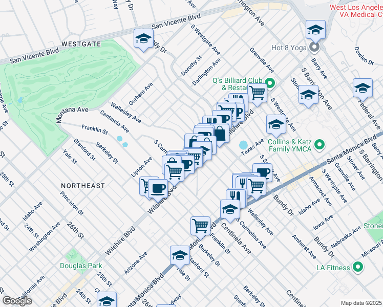 map of restaurants, bars, coffee shops, grocery stores, and more near 1177 Wellesley Avenue in Los Angeles