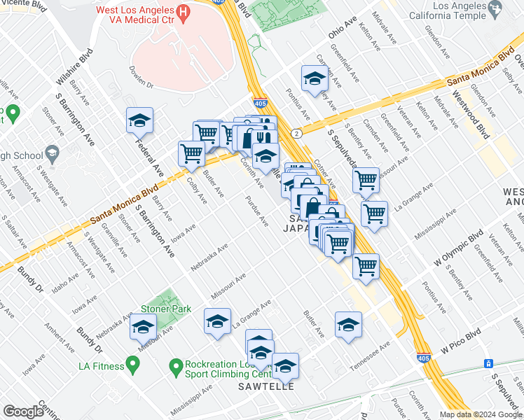 map of restaurants, bars, coffee shops, grocery stores, and more near 1750 Purdue Avenue in Los Angeles