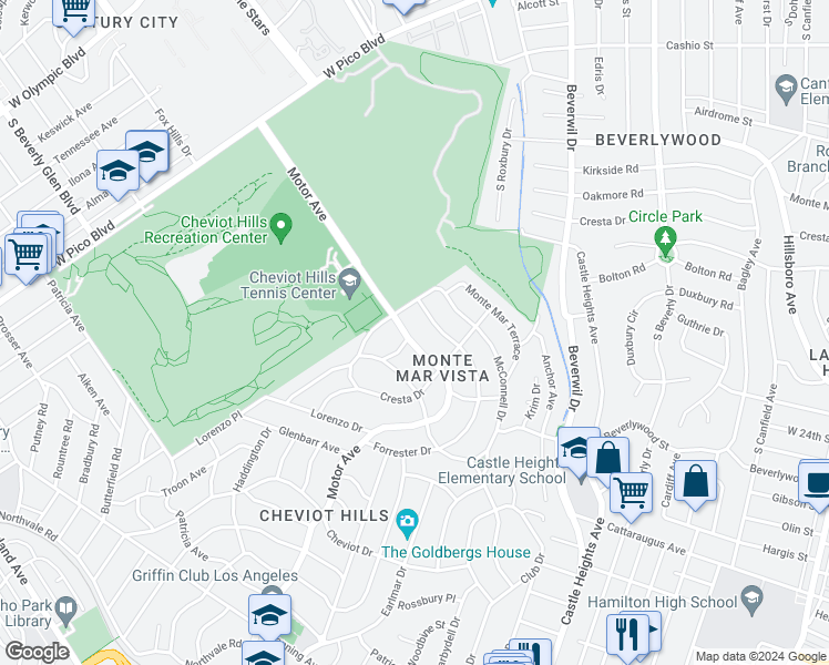 map of restaurants, bars, coffee shops, grocery stores, and more near 2718 Motor Avenue in Los Angeles