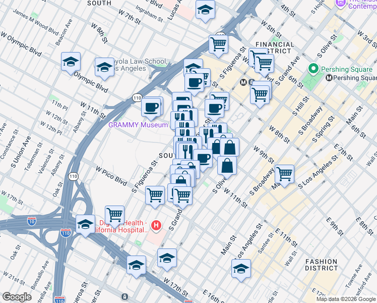 map of restaurants, bars, coffee shops, grocery stores, and more near 1050 Flower Street in Los Angeles