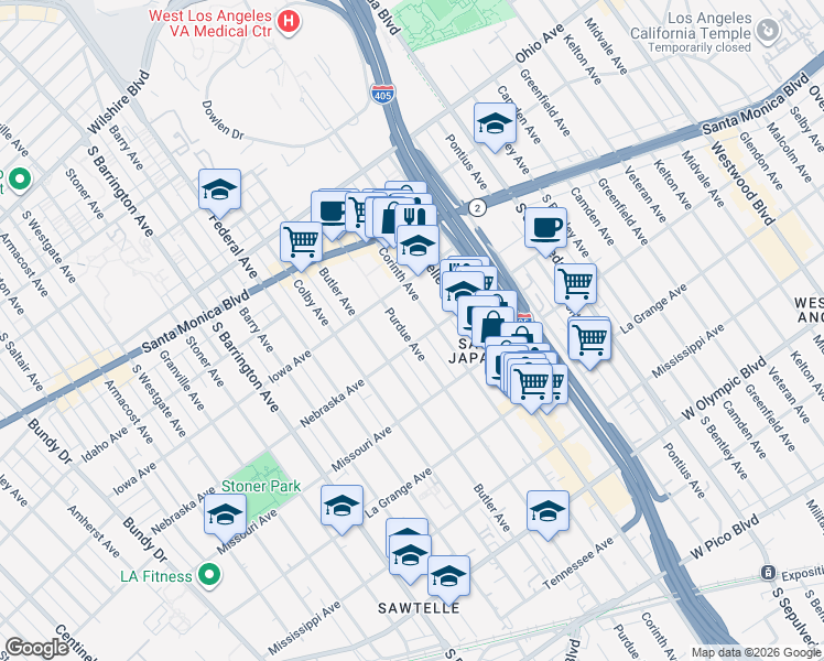 map of restaurants, bars, coffee shops, grocery stores, and more near 1750 Purdue Avenue in Los Angeles