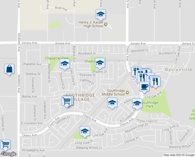 map of restaurants, bars, coffee shops, grocery stores, and more near 14298 Old Field Avenue in Fontana