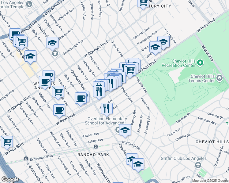 map of restaurants, bars, coffee shops, grocery stores, and more near 10587 Ayres Avenue in Los Angeles