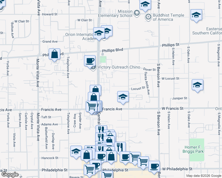 map of restaurants, bars, coffee shops, grocery stores, and more near 11569 Miramar Lane in Chino
