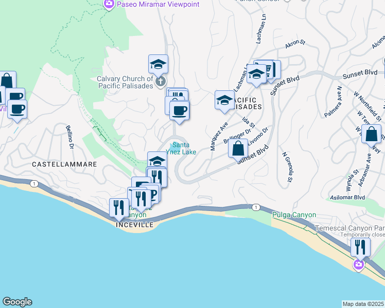 map of restaurants, bars, coffee shops, grocery stores, and more near 17047 Bollinger Drive in Los Angeles