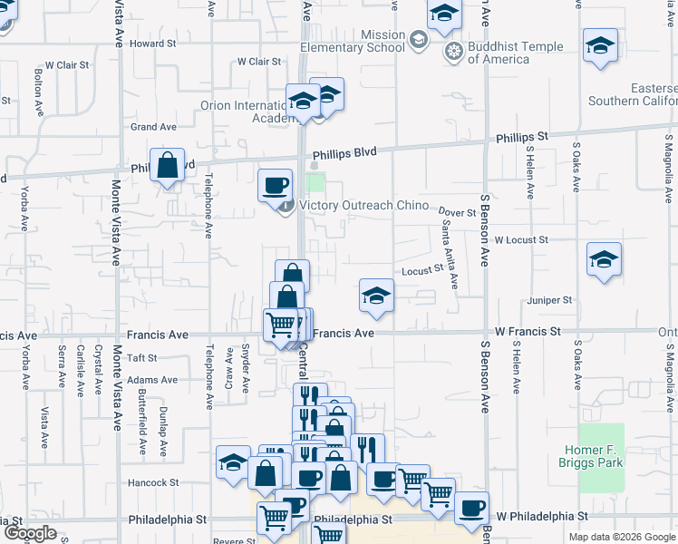 map of restaurants, bars, coffee shops, grocery stores, and more near 11569 Miramar Lane in Chino