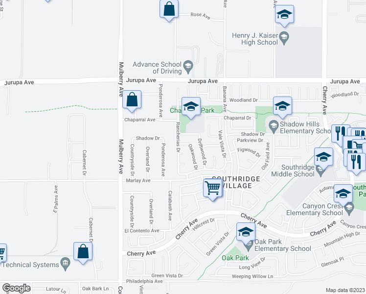 map of restaurants, bars, coffee shops, grocery stores, and more near 13941 Parkwood Drive in Fontana
