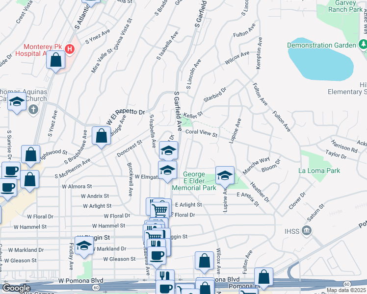map of restaurants, bars, coffee shops, grocery stores, and more near 1838 Garfield Avenue South in Monterey Park
