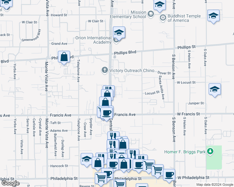 map of restaurants, bars, coffee shops, grocery stores, and more near 5346 Mariner Lane in Chino