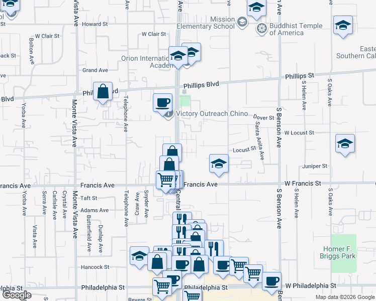 map of restaurants, bars, coffee shops, grocery stores, and more near 5346 Mariner Lane in Chino