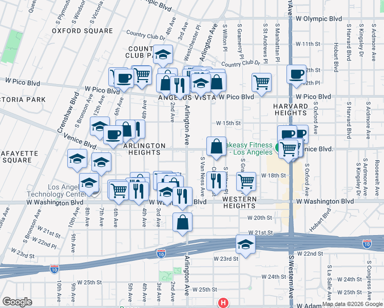 map of restaurants, bars, coffee shops, grocery stores, and more near 1629 South Van Ness Avenue in Los Angeles