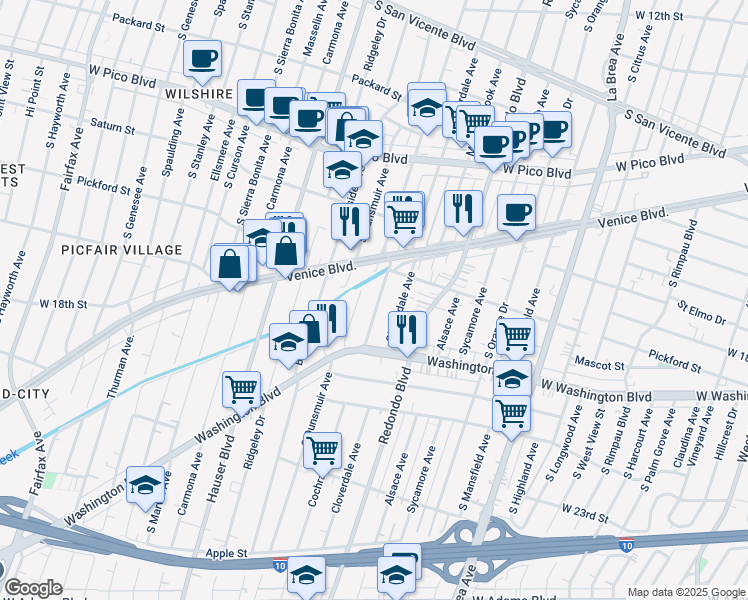 map of restaurants, bars, coffee shops, grocery stores, and more near 1839 Cochran Avenue in Los Angeles