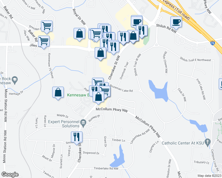 map of restaurants, bars, coffee shops, grocery stores, and more near 3785 Bozeman Lake Road in Kennesaw