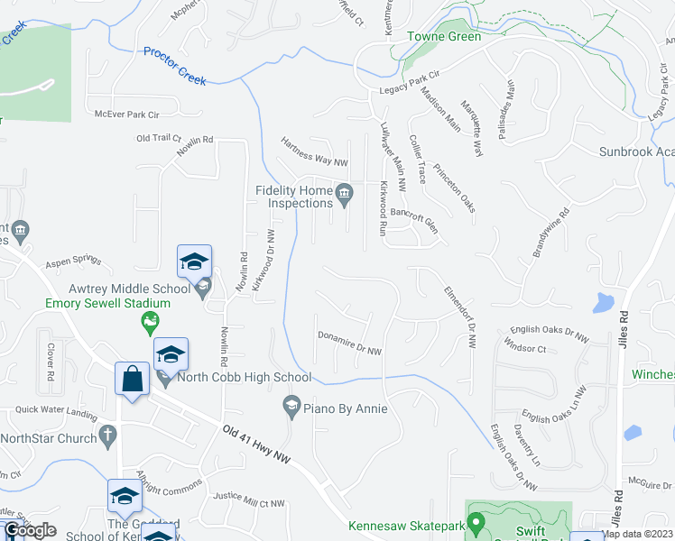 map of restaurants, bars, coffee shops, grocery stores, and more near 3410 Spindletop Drive Northwest in Kennesaw