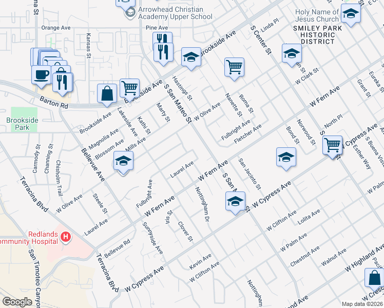 map of restaurants, bars, coffee shops, grocery stores, and more near 322 San Rafael Street in Redlands