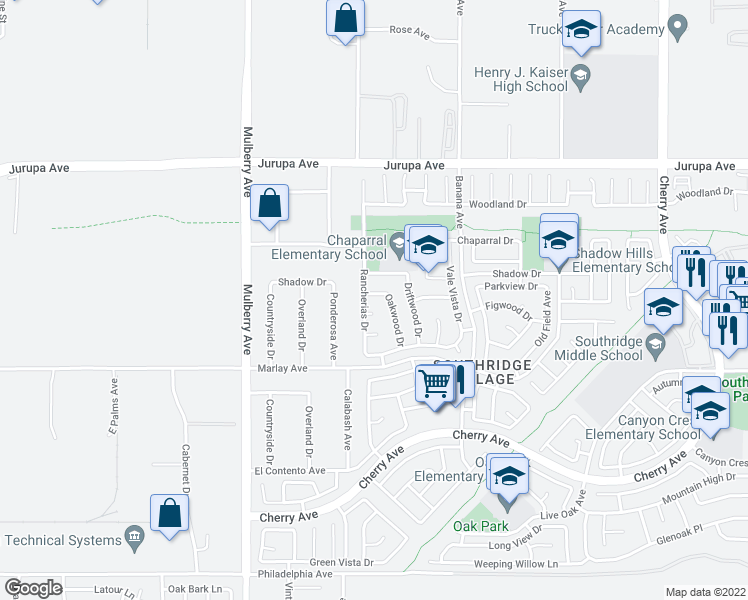 map of restaurants, bars, coffee shops, grocery stores, and more near 13941 Parkwood Drive in Fontana