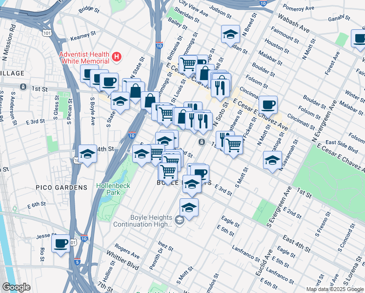 map of restaurants, bars, coffee shops, grocery stores, and more near 2200 East 1st Street in Los Angeles