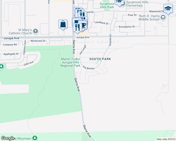 map of restaurants, bars, coffee shops, grocery stores, and more near 17020 Vía Riata in Fontana