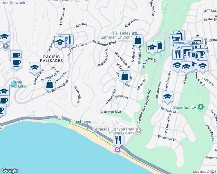 map of restaurants, bars, coffee shops, grocery stores, and more near 545 Muskingum Place in Los Angeles