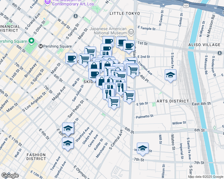 map of restaurants, bars, coffee shops, grocery stores, and more near 432 Crocker Street in Los Angeles