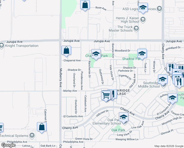 map of restaurants, bars, coffee shops, grocery stores, and more near 13941 Parkwood Drive in Fontana
