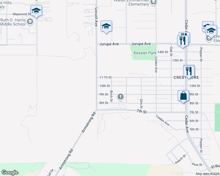 map of restaurants, bars, coffee shops, grocery stores, and more near 18193 10th Street in Bloomington