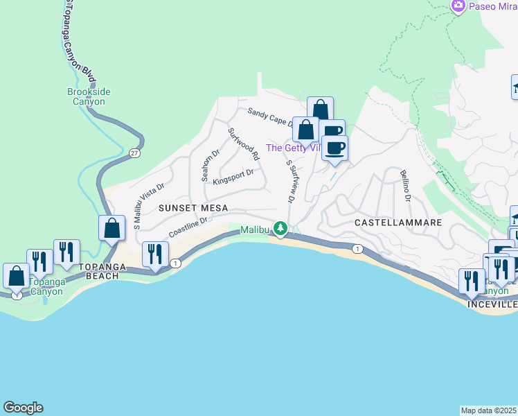 map of restaurants, bars, coffee shops, grocery stores, and more near 18128 Wakecrest Drive in Malibu