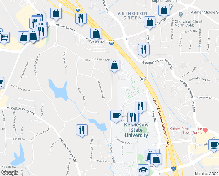 map of restaurants, bars, coffee shops, grocery stores, and more near 1251 Shiloh Trail East Northwest in Kennesaw